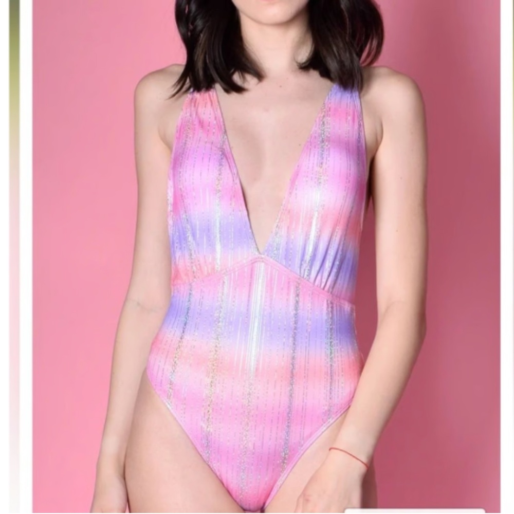 Beach Joy Bikini Women's Pink Shimmering Deep V-neck One-Piece Swimsuit Size L